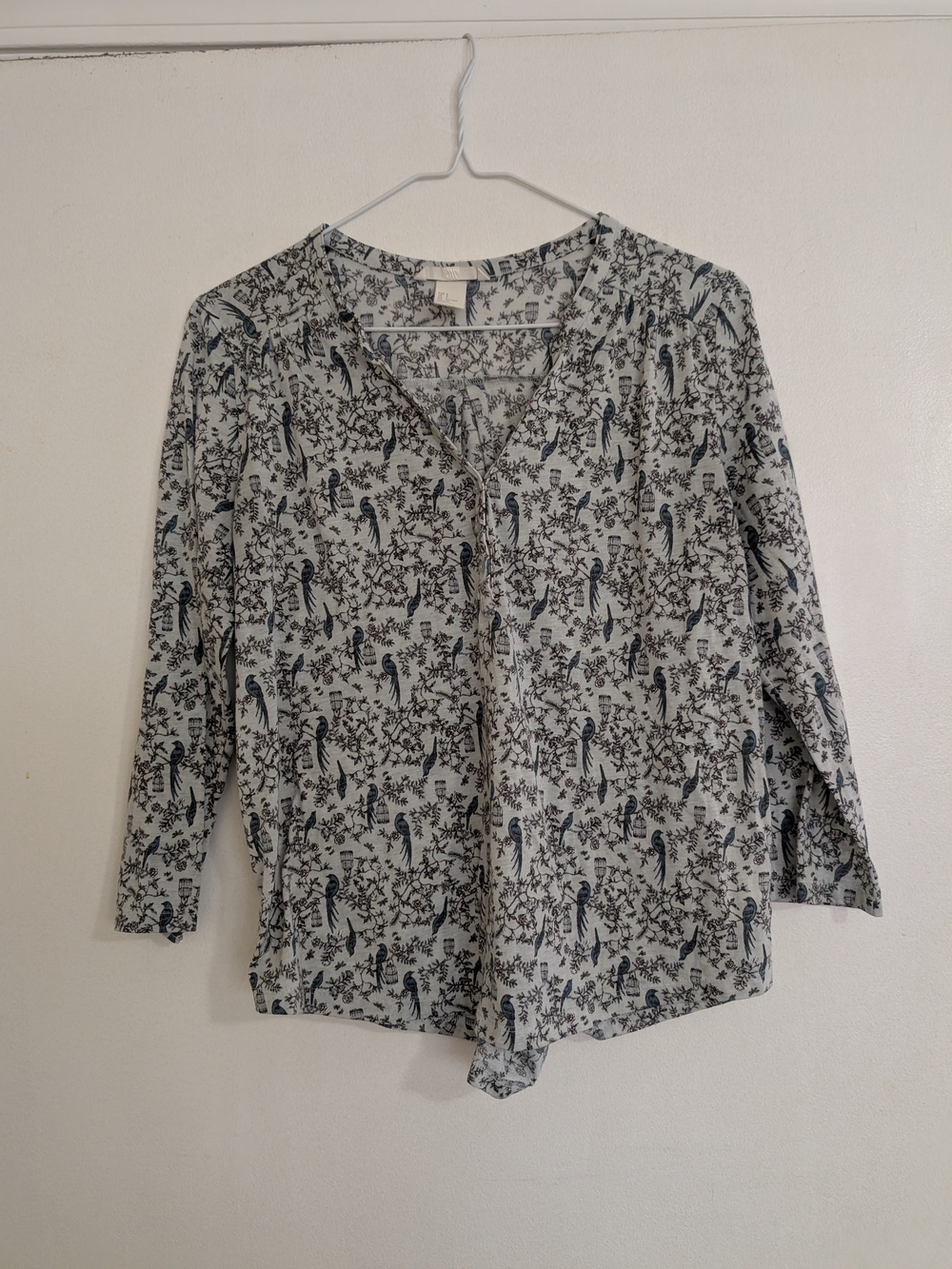 H&M Bluebirds of Happiness Birdcage Floral Toile Blouse Split V-Neck 3/4 Sleeve